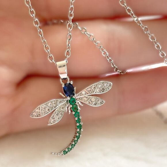 Dragonfly Insect Blue Green and CZ Silver Fashion Pendant Necklace NWOT - Picture 3 of 13